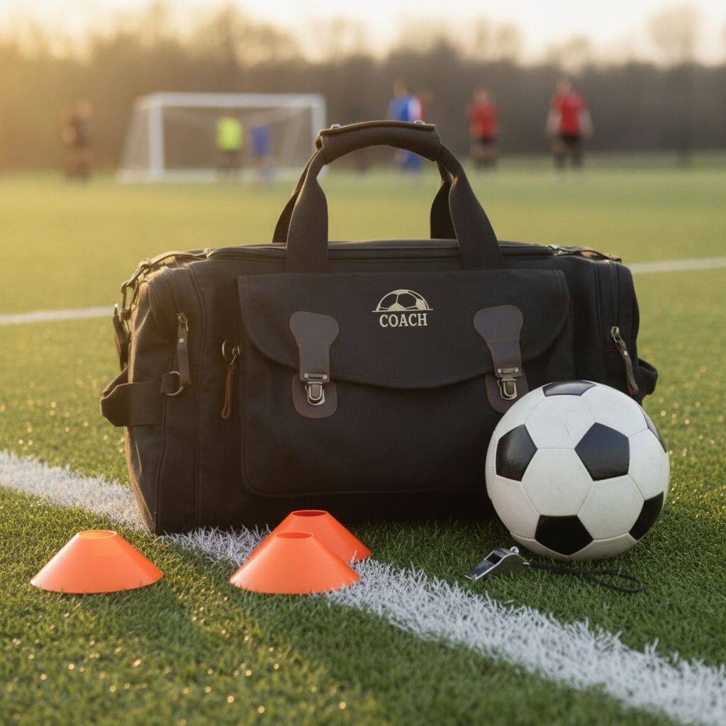 Soccer coach duffle bag embroidered with COACH resting on the pitch sideline beside a soccer ball and training cones, a personalized soccer coach gift.
