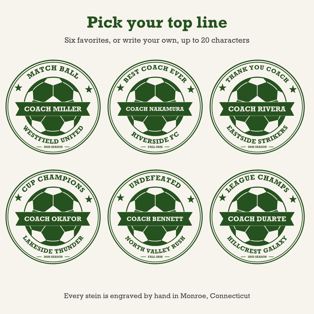 Six soccer coach mug designs showing top line ideas: Match Ball, Best Coach Ever, Thank You Coach, Cup Champions, Undefeated and League Champs