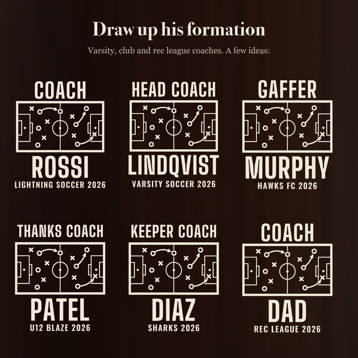 Six ways to engrave the soccer coach tactics board beer stein: Coach Rossi, Head Coach Lindqvist, Gaffer Murphy, Thanks Coach Patel and more