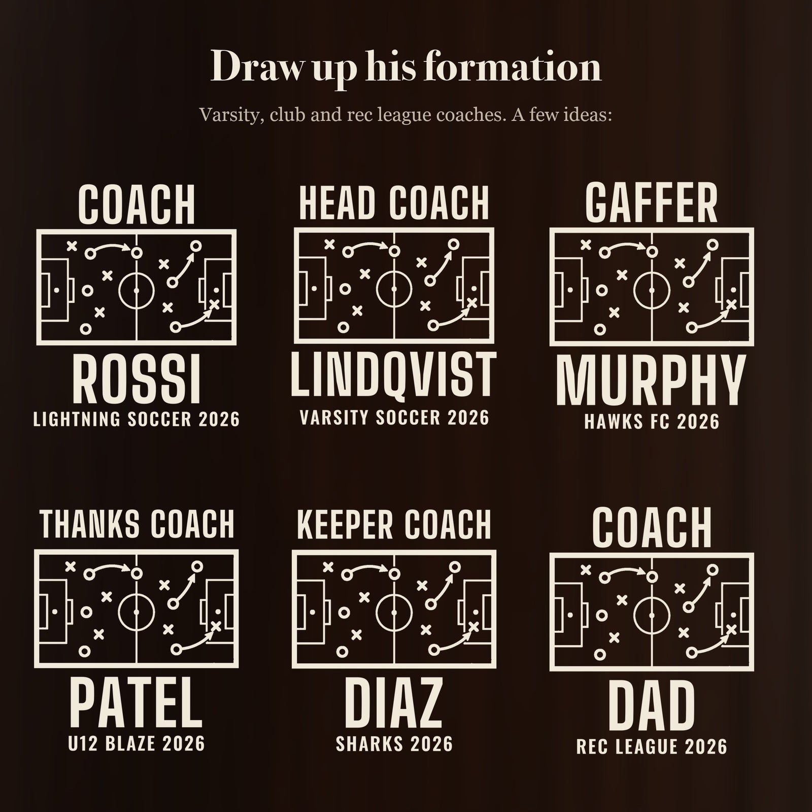 Six ways to engrave the soccer coach tactics board beer stein: Coach Rossi, Head Coach Lindqvist, Gaffer Murphy, Thanks Coach Patel and more