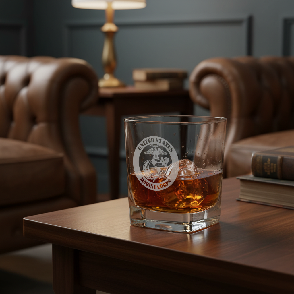 Whiskey glass engraved with United States Marine Corps emblem, filled with amber whiskey and ice, displayed on wooden table in library setting with leather armchairs in background.