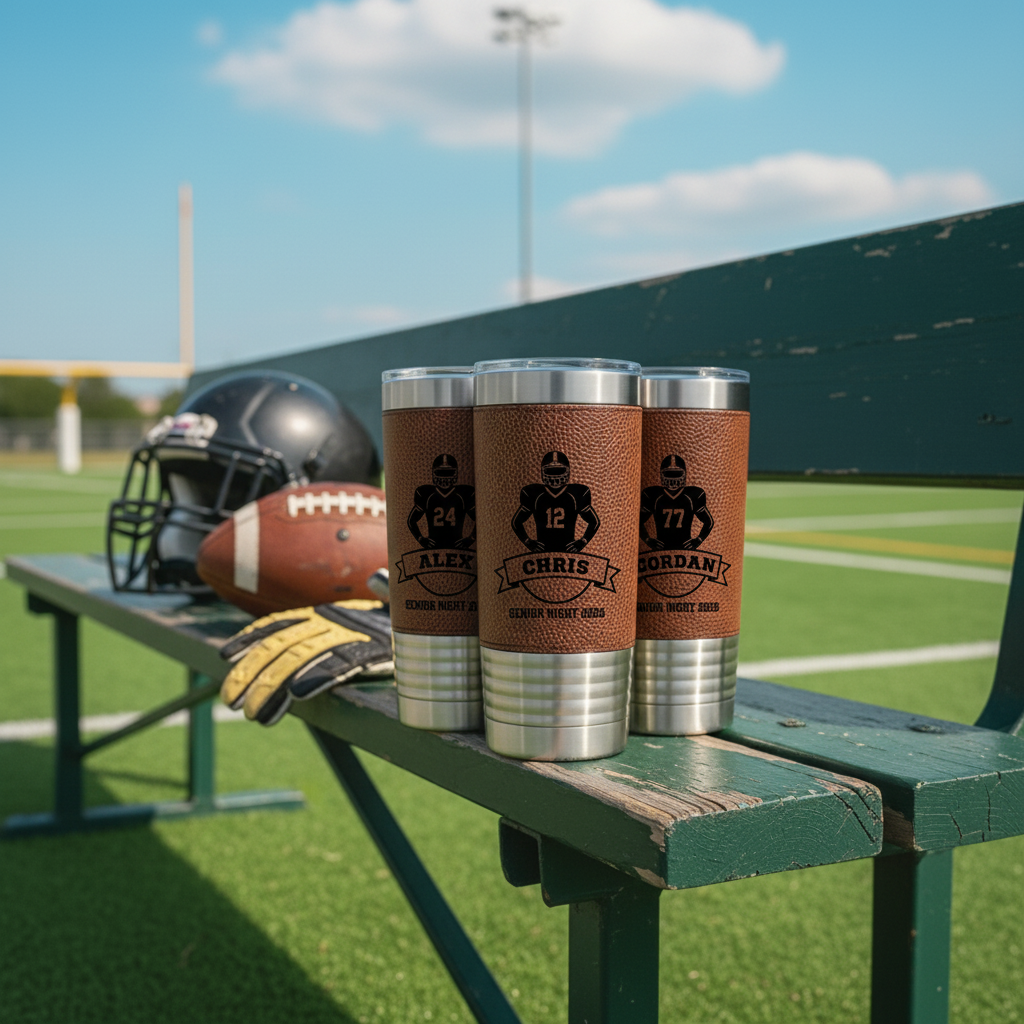 Three personalized tumblers on a football field with a helmet and football in the background.