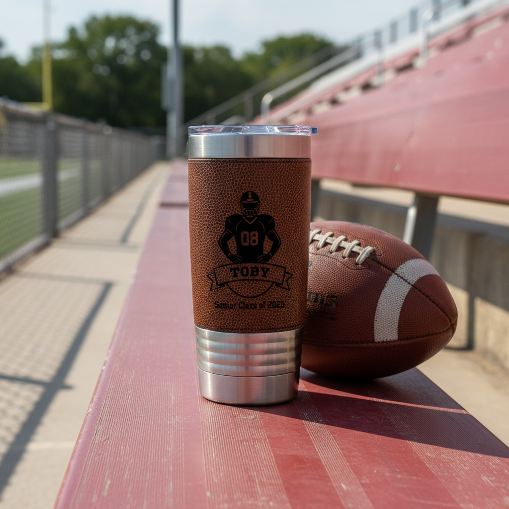 Tumbler with football design and football on a red bench at a sports field.