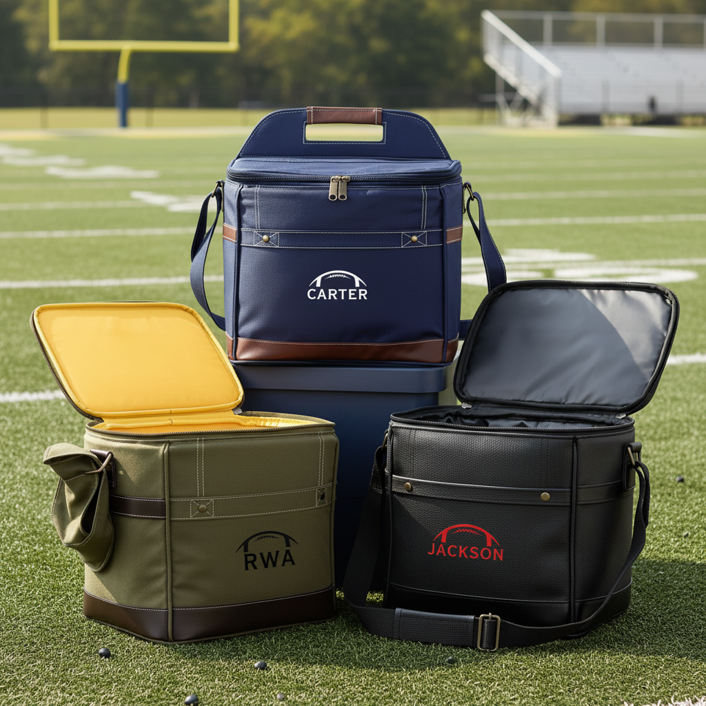 Three personalized coolers displayed on a football field with sample names Carter, RWA, and Jackson embroidered on them, showing open interiors and handles.
