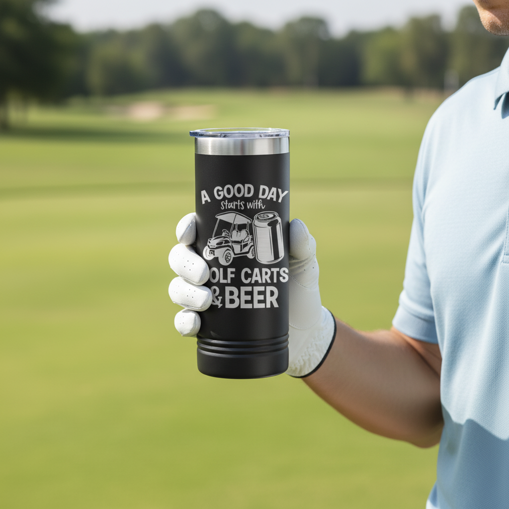 Golfer holding black insulated tumbler with "A Good Day Starts with Golf Carts & Beer" engraved text on a golf course