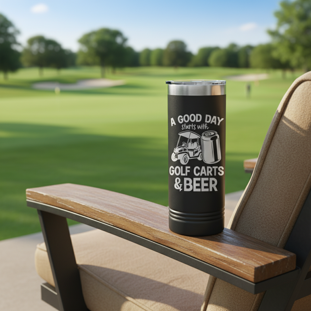 Black insulated tumbler with "A Good Day Starts with Golf Carts & Beer" engraving, displayed on golf course chair with fairway and sand trap in background.