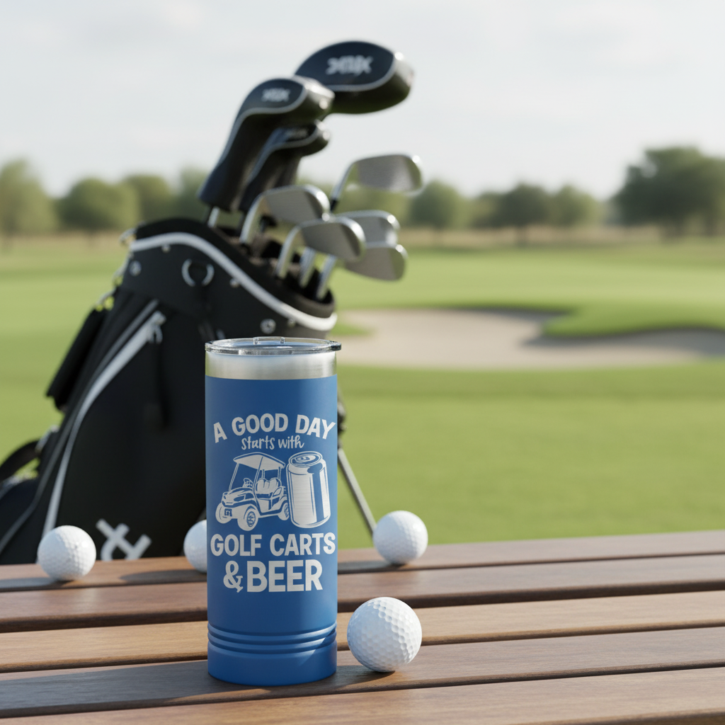 Blue insulated tumbler with "A Good Day Starts with Golf Carts & Beer" engraved design, displayed on wooden bench with golf balls and clubs in background on golf course.