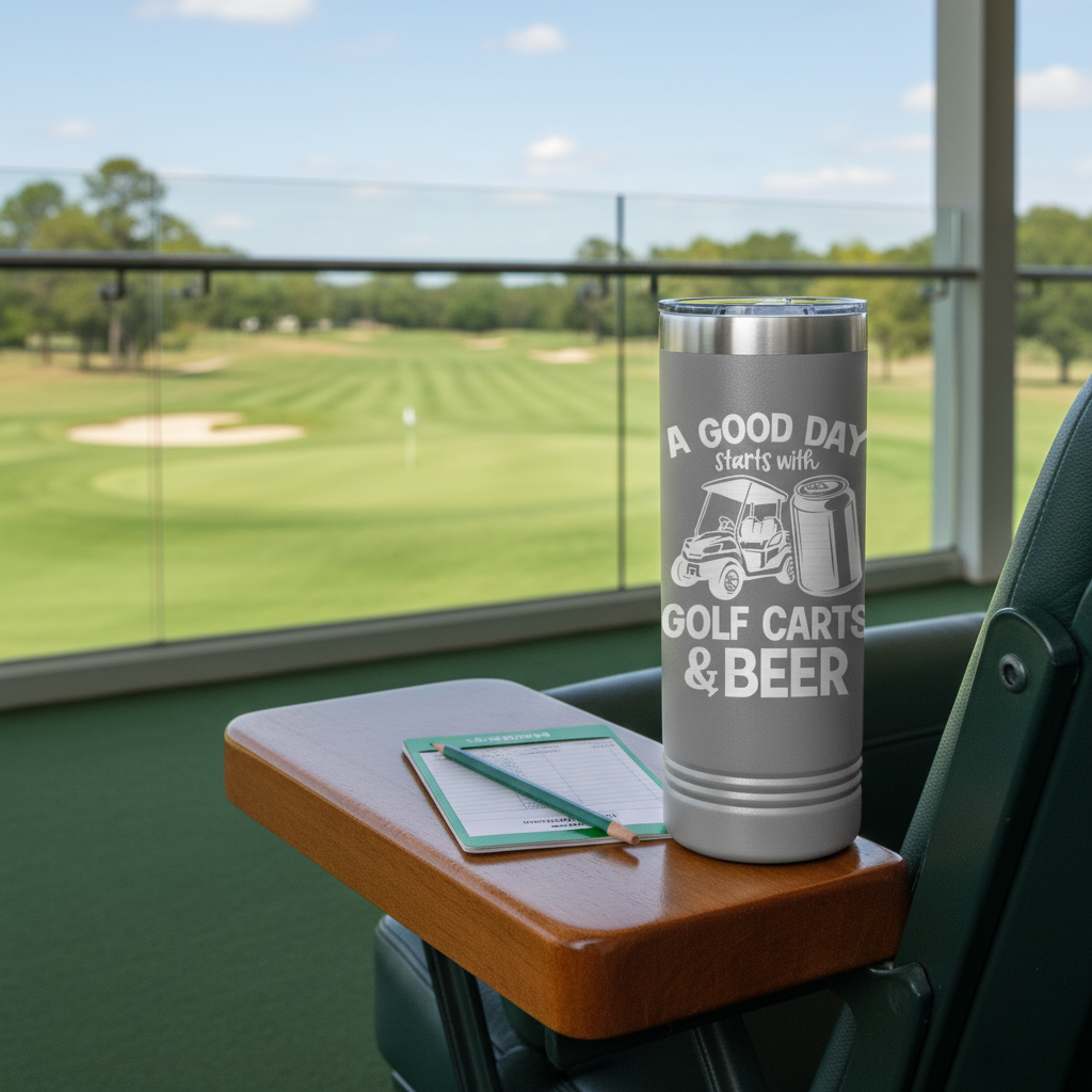 Gray insulated tumbler with "A Good Day Starts With Golf Carts & Beer" engraving, displayed on golf cart armrest overlooking course