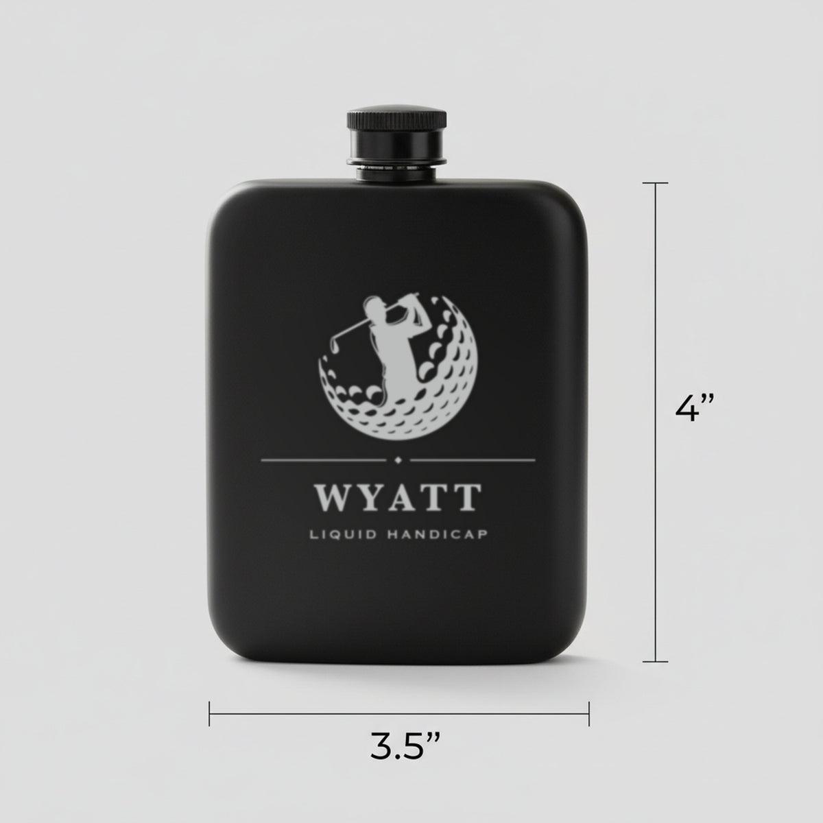 Size guide for the personalized golf flask reading Liquid Handicap, 3.5 inches wide by 4 inches tall, holding 6 ounces.