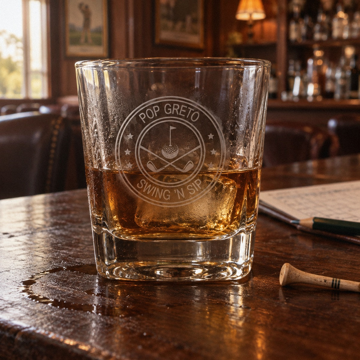 Swing 'n Sip golf whiskey glass etched POP GRETO around a golf ball, tee and crossed clubs, with whiskey on a clubhouse bar
