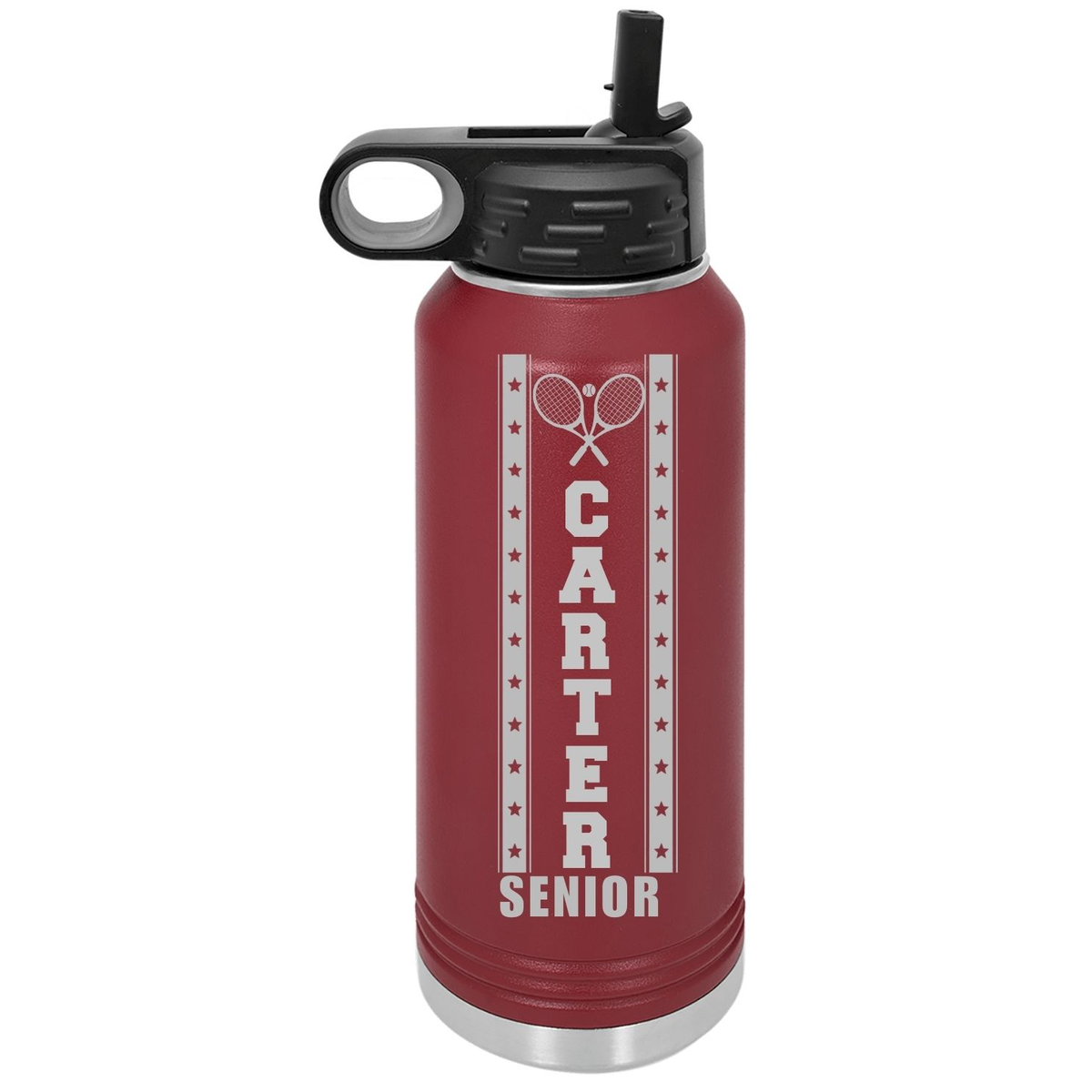 Maroon personalized senior night tennis water bottle engraved with sample name CARTER and SENIOR under crossed tennis rackets in a star-banner design