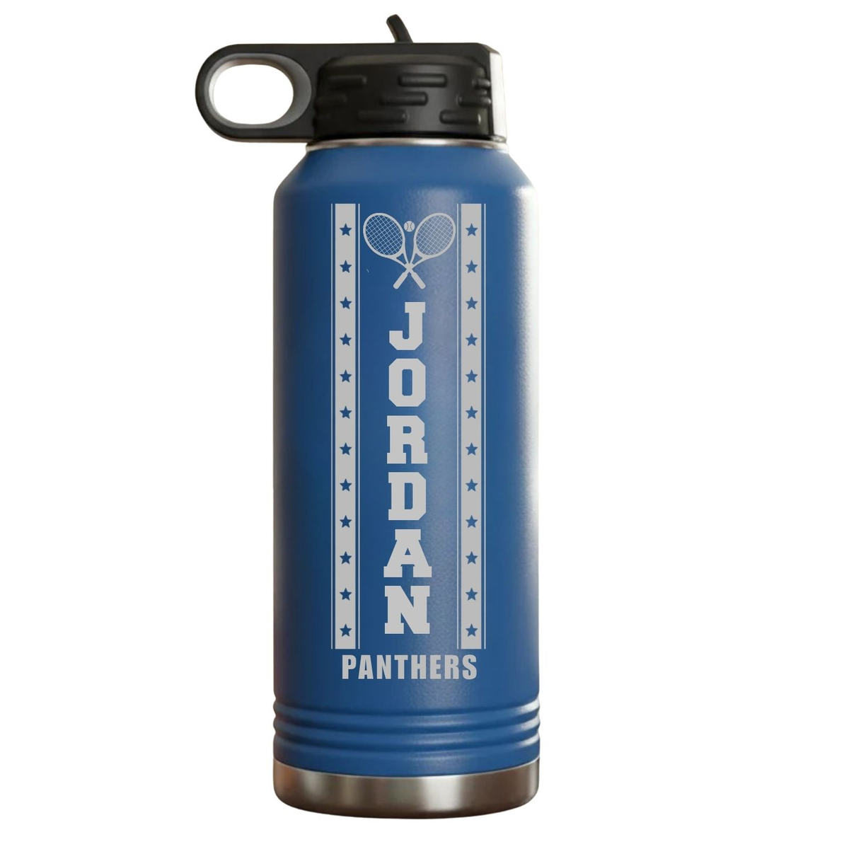 Blue personalized tennis player water bottle engraved with sample name JORDAN and team name PANTHERS in a crossed tennis rackets star-banner design