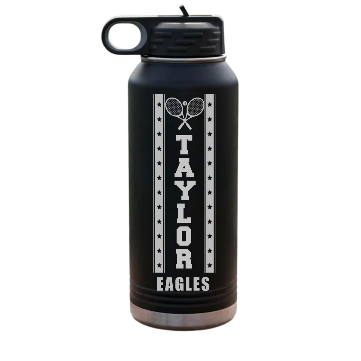 Black 32oz senior night tennis water bottle engraved with sample name TAYLOR and team name EAGLES, insulated stainless steel keepsake