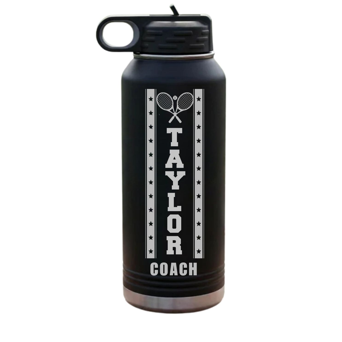 Black 32oz personalized tennis coach water bottle engraved with sample name TAYLOR and the word COACH, insulated stainless steel end of season gift