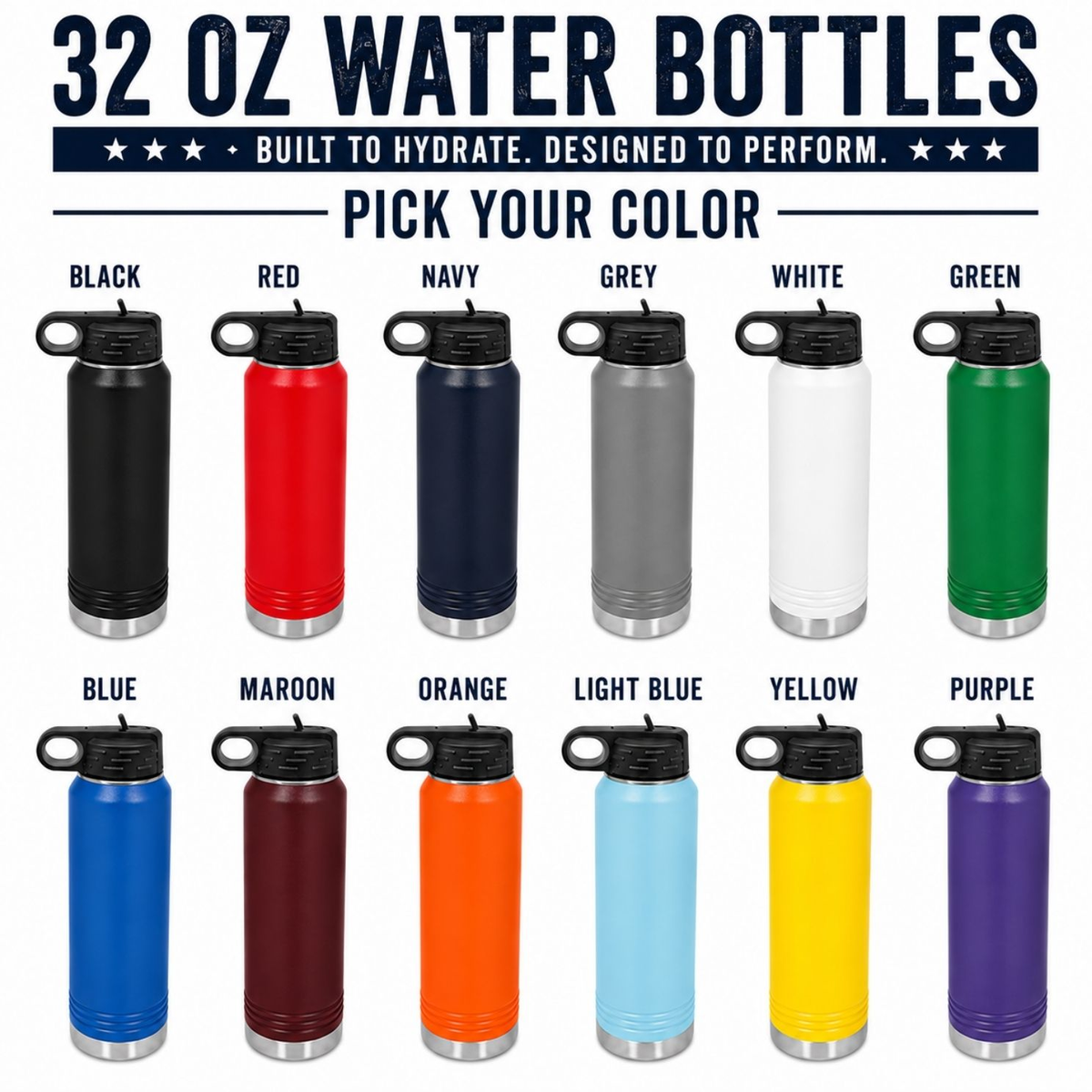 Personalized senior night tennis water bottle color chart, 12 powder-coat colors including black, red, navy, maroon, and blue