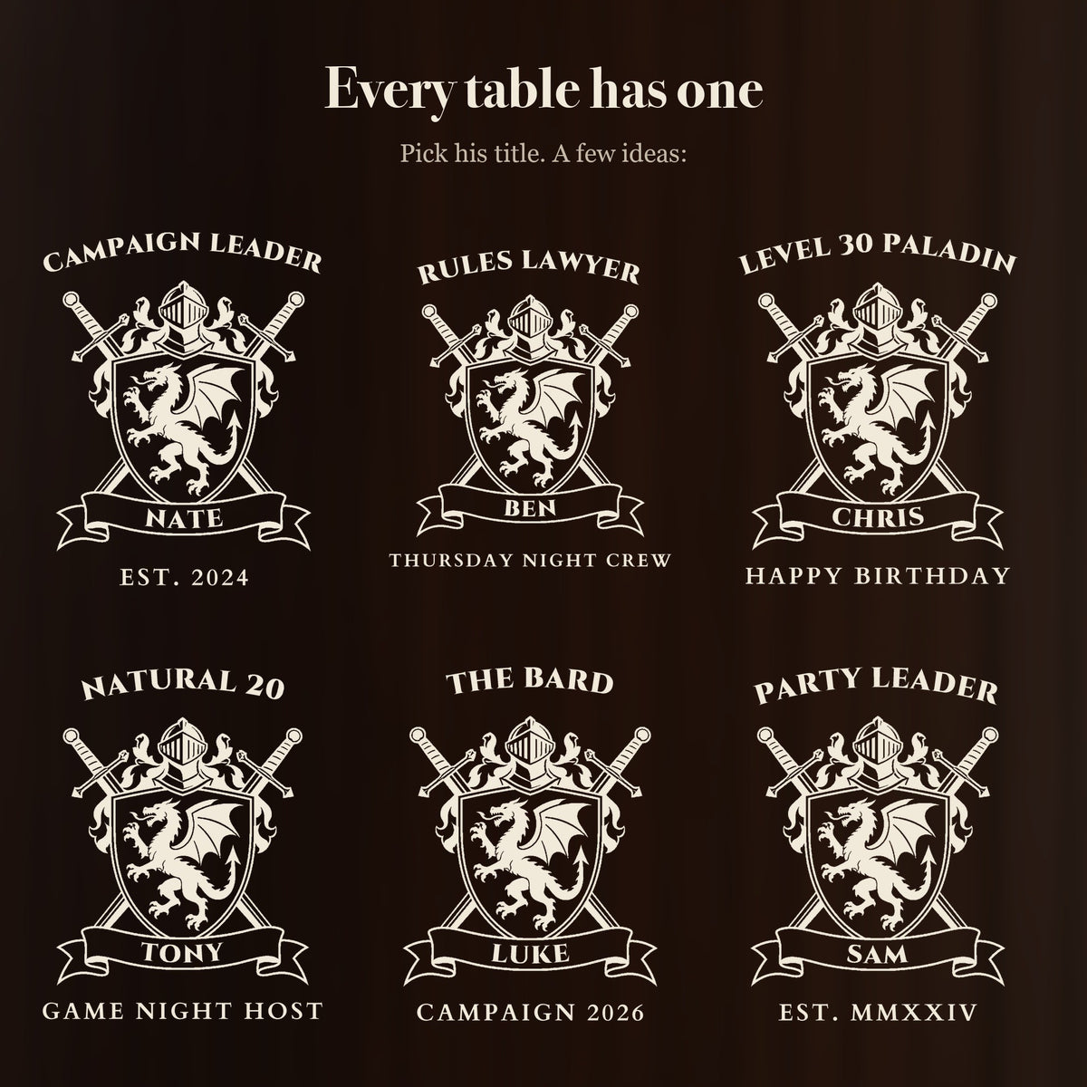 Six ways to engrave the tabletop gamer beer mug: CAMPAIGN LEADER, RULES LAWYER, LEVEL 30 PALADIN, NATURAL 20, THE BARD and PARTY LEADER
