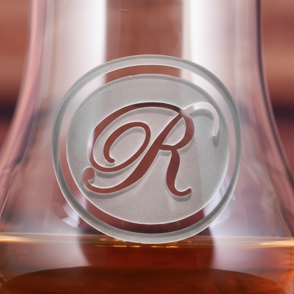 Close-up macro of Tasting Reserve personalized whiskey nosing glass with a sand-carved wax-seal medallion engraved with a single script initial showing the 3D depth of the sand-carved engraving