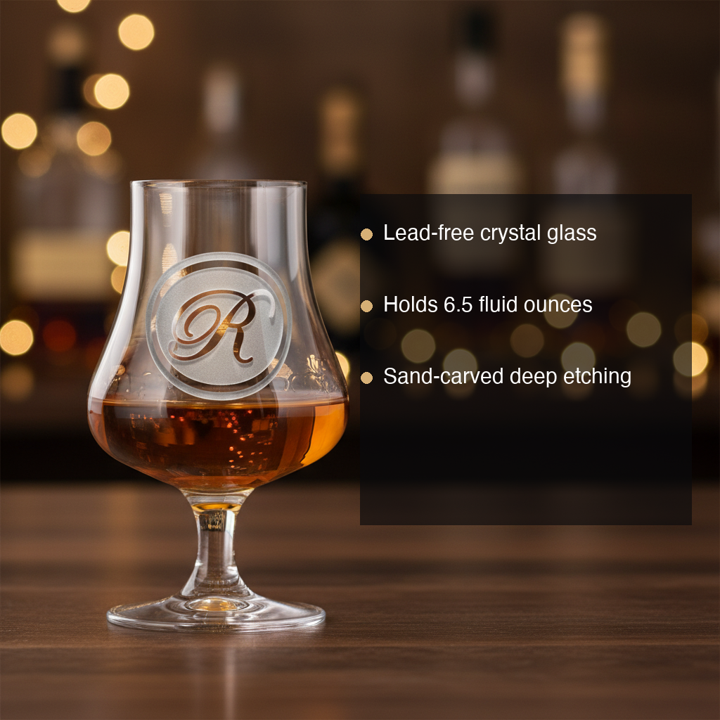 Tasting Reserve personalized whiskey nosing glass with a sand-carved wax-seal medallion engraved with a single script initial features: lead-free crystal, 6.5 oz, sand-carved deep etching