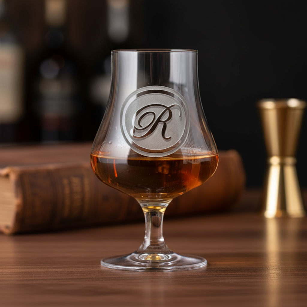 Tasting Reserve personalized whiskey nosing glass with a sand-carved wax-seal medallion engraved with a single script initial on a home bar countertop with warm lighting