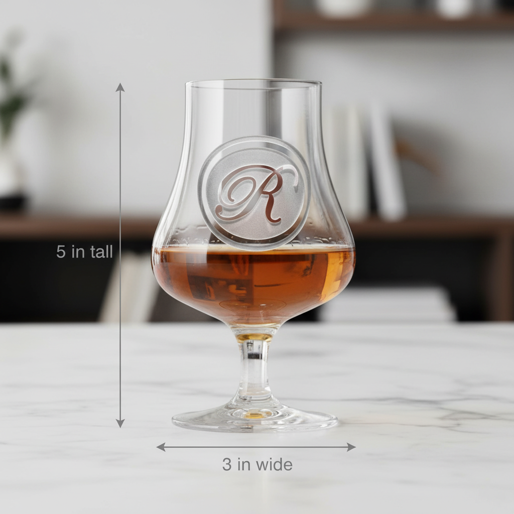 Tasting Reserve personalized whiskey nosing glass with a sand-carved wax-seal medallion engraved with a single script initial dimensions: 5 inches tall by 3 inches wide