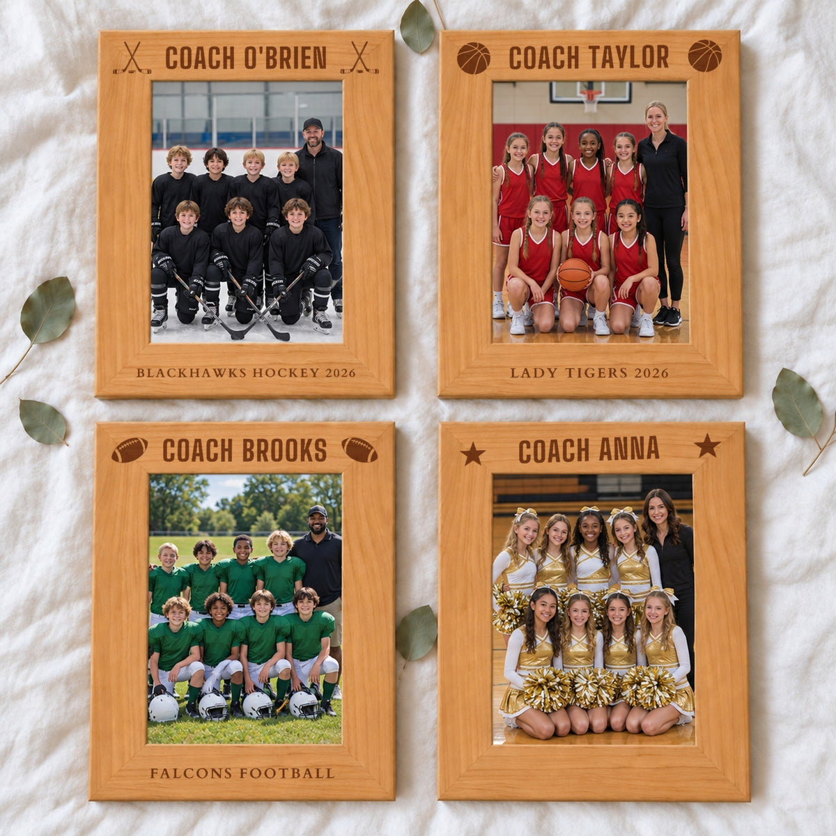 Four engraved team picture frames for coaches: Coach O'Brien hockey, Coach Taylor basketball, Coach Brooks football and Coach Anna with stars for cheer