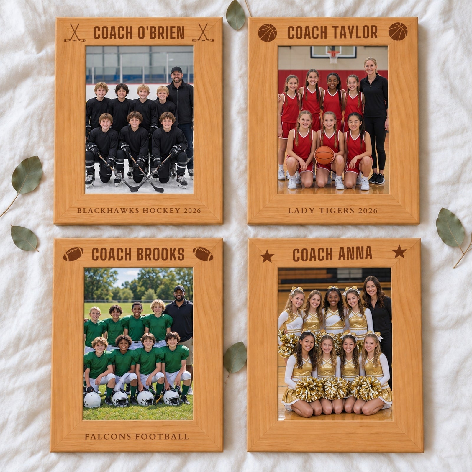 Four engraved team picture frames for coaches: Coach O'Brien hockey, Coach Taylor basketball, Coach Brooks football and Coach Anna with stars for cheer