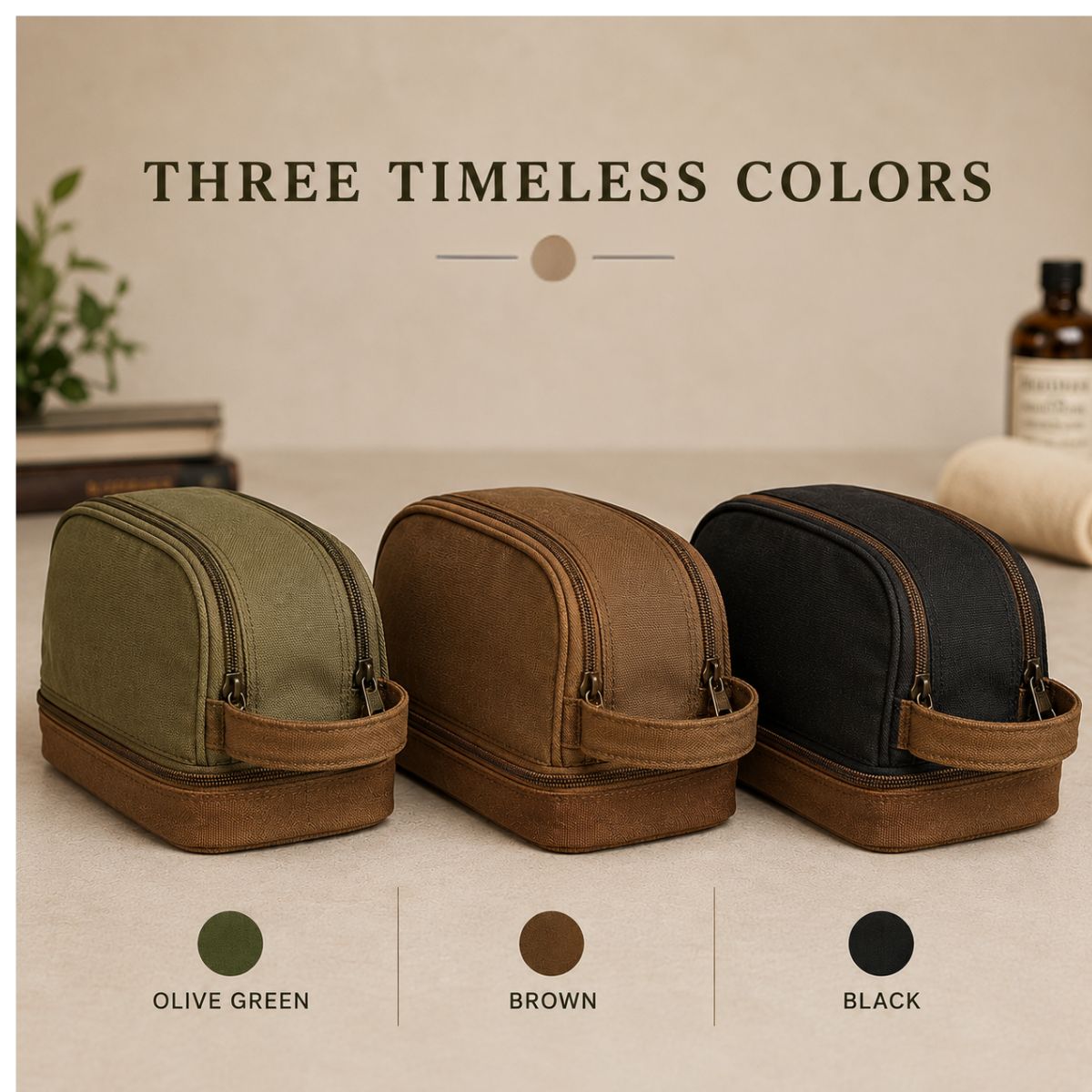 Three cosmetic toiletry bags in olive green, brown, and black with color swatches below on a neutral background.