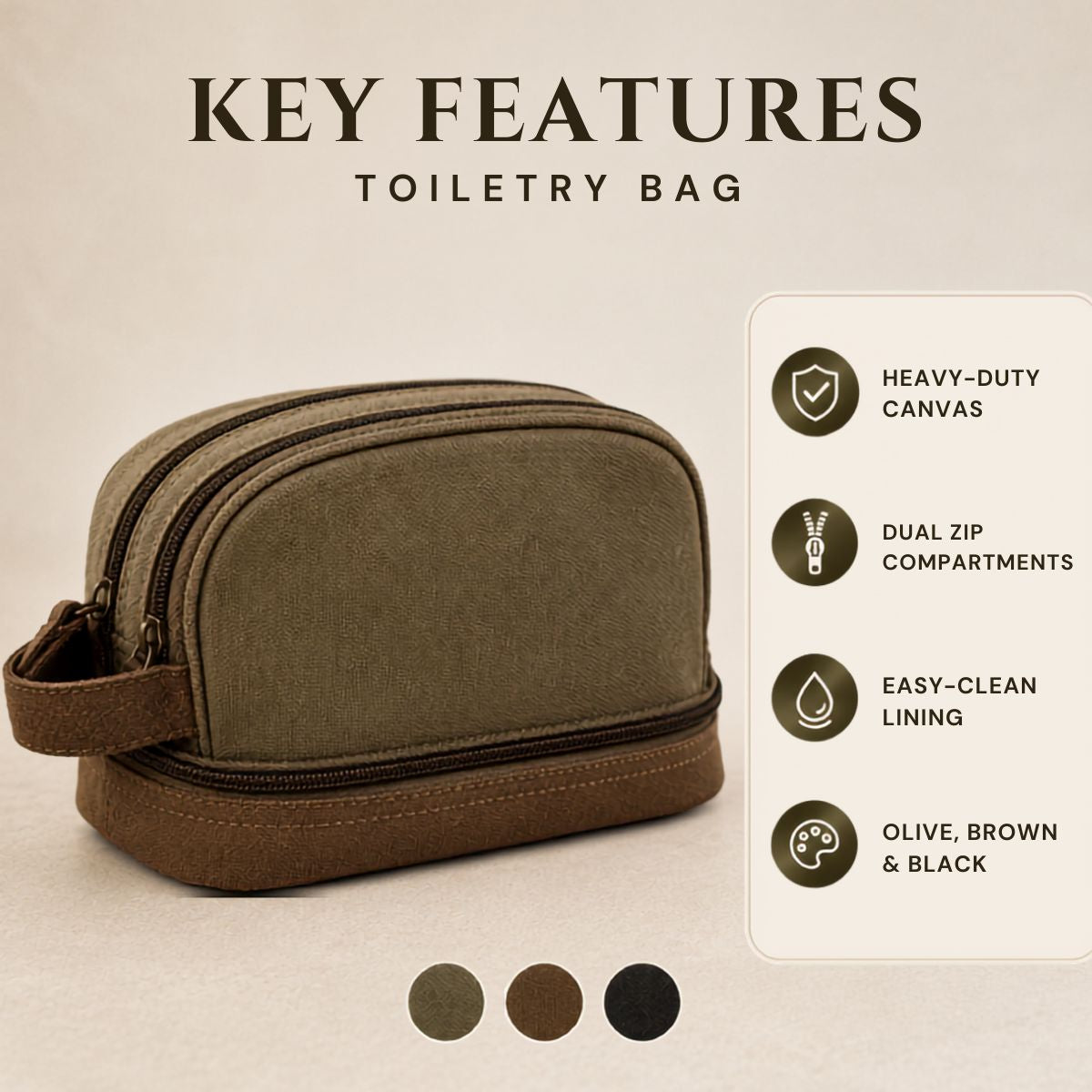 Toiletry bag with key features listed on a beige background
