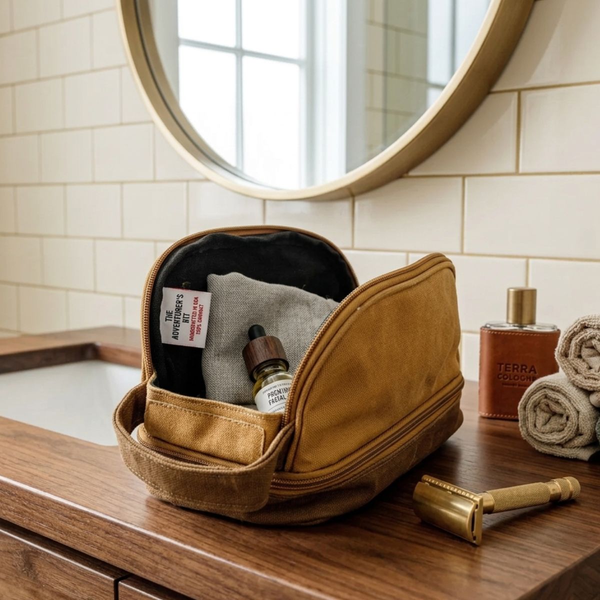 Brown toiletry bag with grooming products on a bathroom counter, including a mirror and sink in the background.
