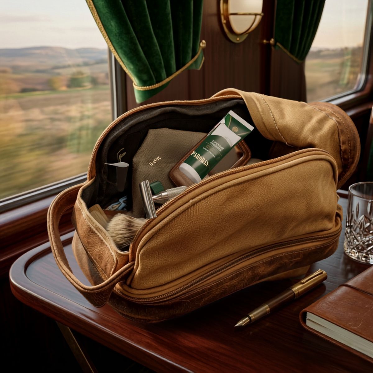 Tan canvas toiletry bag displayed open on a wooden table, containing grooming products and a brush, with a scenic countryside view through train windows behind it.