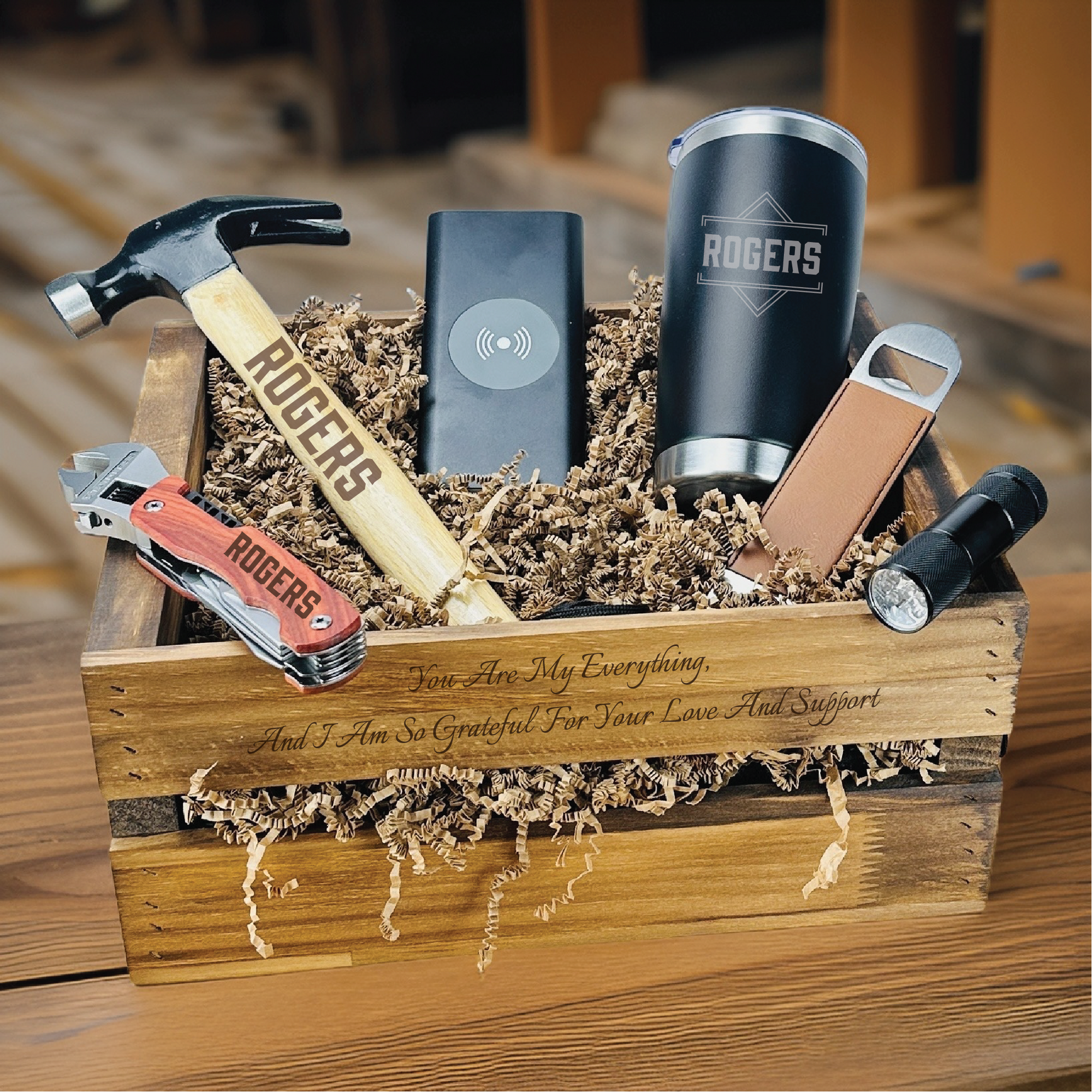 Handy Man Gift Set - Personalized Toolbox Gift Set - Unique Engravings, Portable Charger, Flashlight & More!