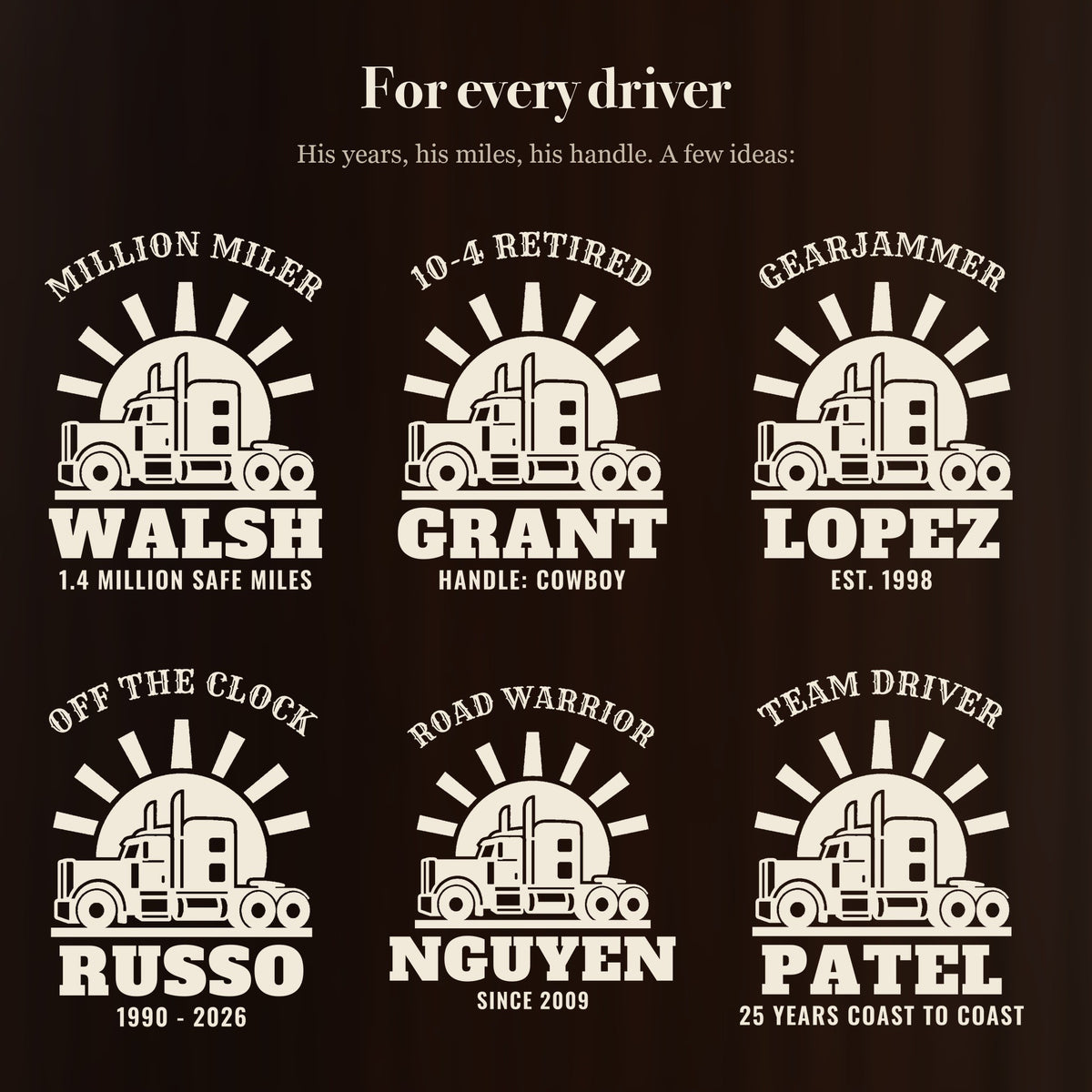 Six ways to engrave the truck driver beer stein: MILLION MILER, 10-4 RETIRED, GEARJAMMER, OFF THE CLOCK, ROAD WARRIOR and TEAM DRIVER