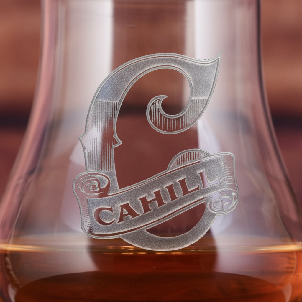 Close-up macro of Two Fingers personalized whiskey nosing glass with a sand-carved block-letter monogram above an engraved name banner showing the 3D depth of the sand-carved engraving