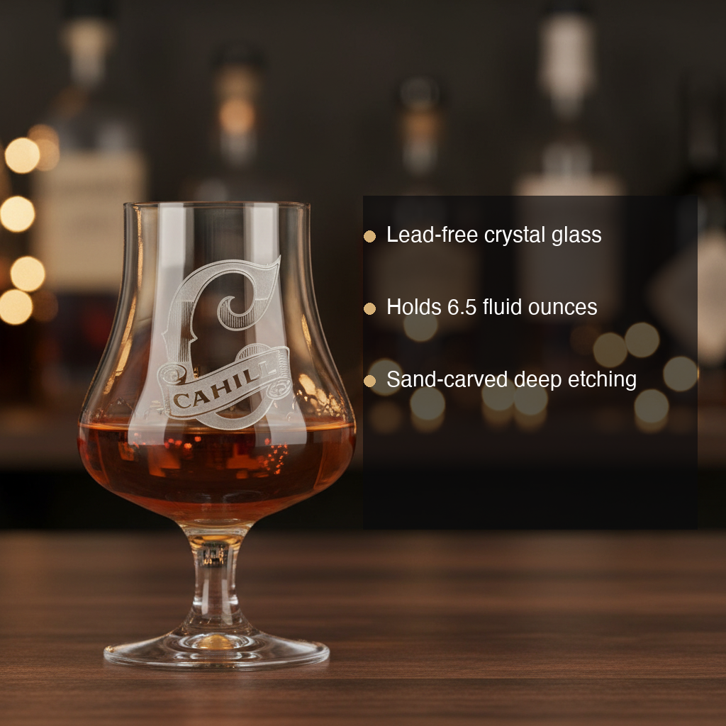 Two Fingers personalized whiskey nosing glass with a sand-carved block-letter monogram above an engraved name banner features: lead-free crystal, 6.5 oz, sand-carved deep etching