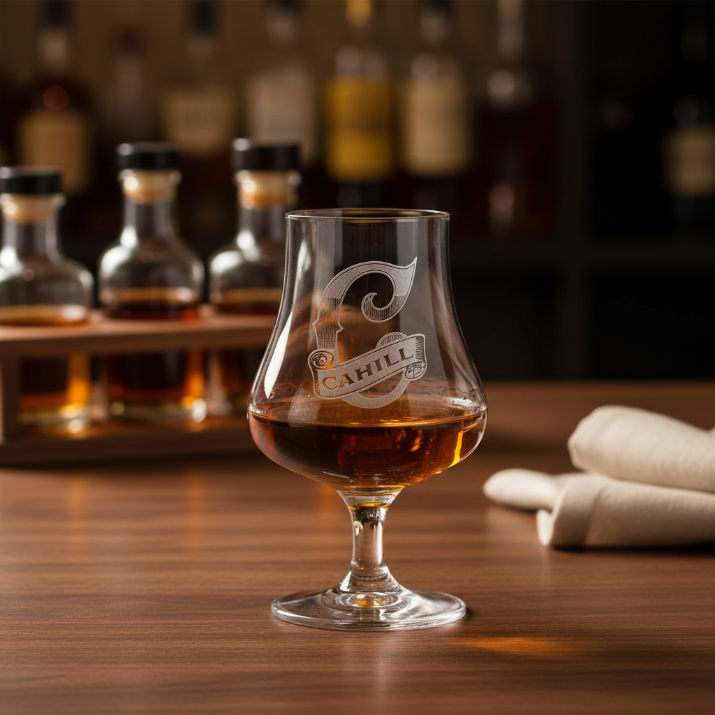 Two Fingers personalized whiskey nosing glass with a sand-carved block-letter monogram above an engraved name banner on a home bar countertop with warm lighting