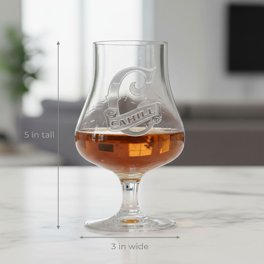 Two Fingers personalized whiskey nosing glass with a sand-carved block-letter monogram above an engraved name banner dimensions: 5 inches tall by 3 inches wide