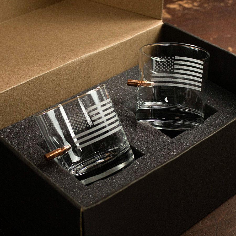 Unique Personalized Bourbon & Glory – U.S. Flag Bullet - Embedded Rocks Glass Customized Handmade Glass Gifts for Men by Groovy Guy