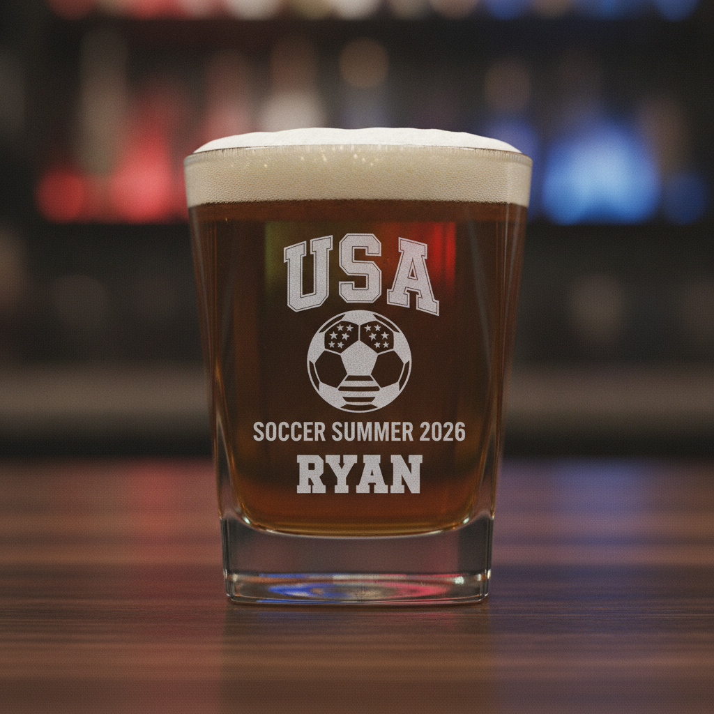 Personalized USA Soccer 2026 whiskey glass laser-etched with a stars and stripes soccer ball and a sample name, filled with cold beer on a bar for game day.