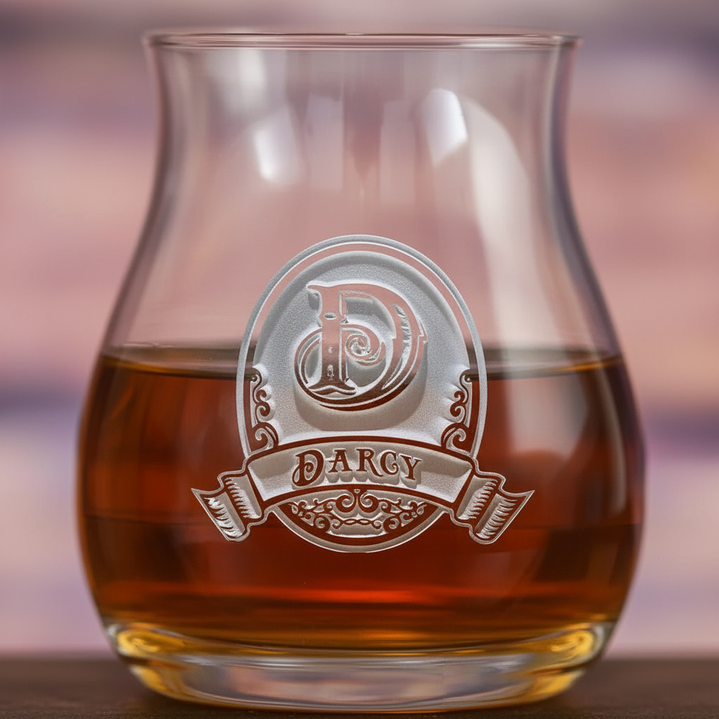 Close-up macro of Signature Pour personalized Canadian-style whiskey glass with sand-carved oval medallion and engraved name banner showing the 3D depth of the sand-carved oval medallion engraving