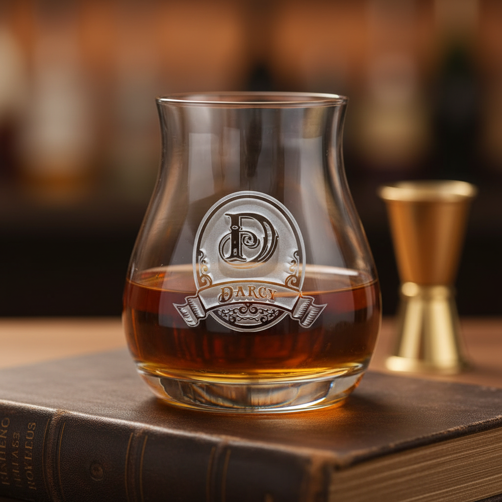 Signature Pour personalized Canadian-style whiskey glass with sand-carved oval medallion and engraved name banner resting on a leather-bound book at a warm-lit home bar