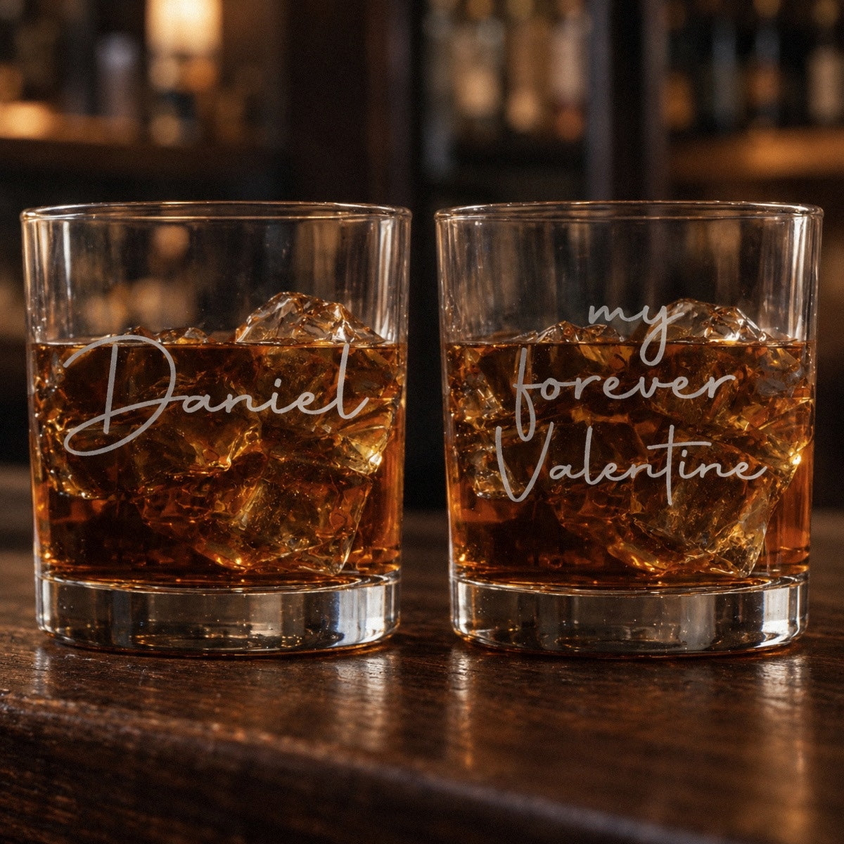 Valentine whiskey glass for him, two views: his name Daniel in script on the front and my forever Valentine on the back, a romantic gift