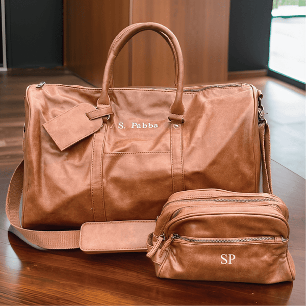 Gift Set for Men Personalized Vegan Leather Duffle and Toiletry Bag