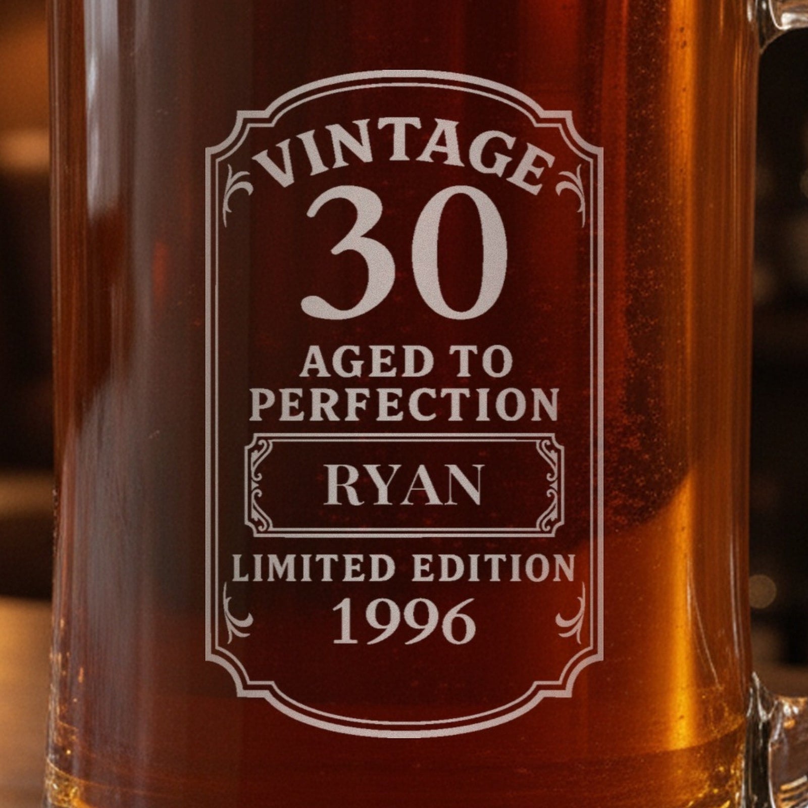 Close-up of the frosted laser engraving on the 30th birthday beer stein: Vintage 30, Aged to Perfection, Ryan, Limited Edition 1996