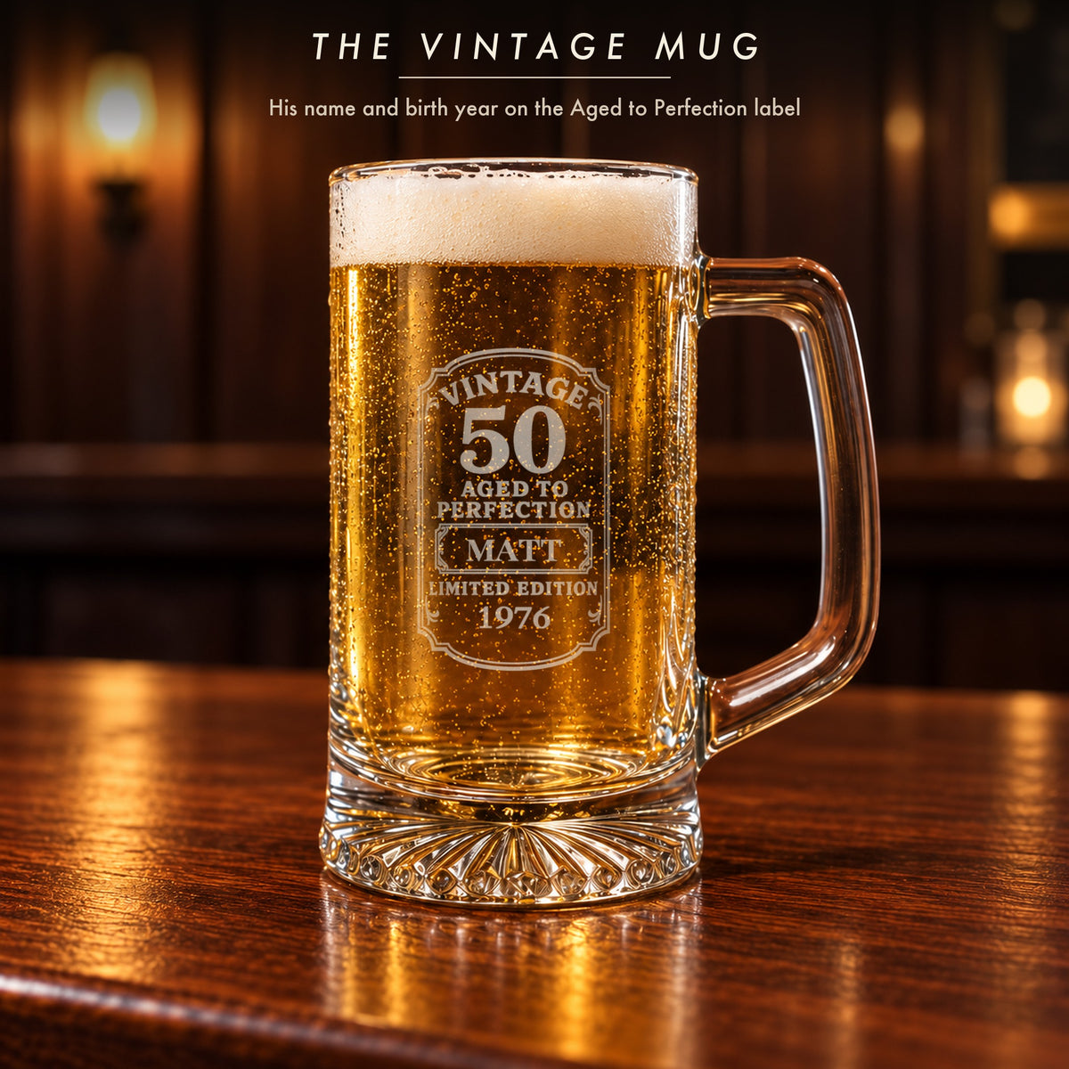 Close-up of the Vintage 50 Aged to Perfection beer mug from the 50th birthday gift set, engraved Matt and Limited Edition 1976