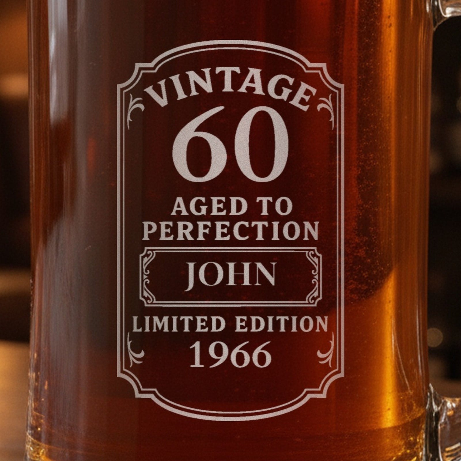 Close-up of the frosted laser engraving on the 60th birthday beer stein: Vintage 60, Aged to Perfection, John, Limited Edition 1966