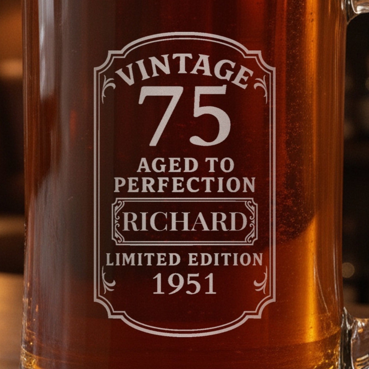 Close-up of the frosted laser engraving on the 75th birthday beer stein: Vintage 75, Aged to Perfection, Richard, Limited Edition 1951