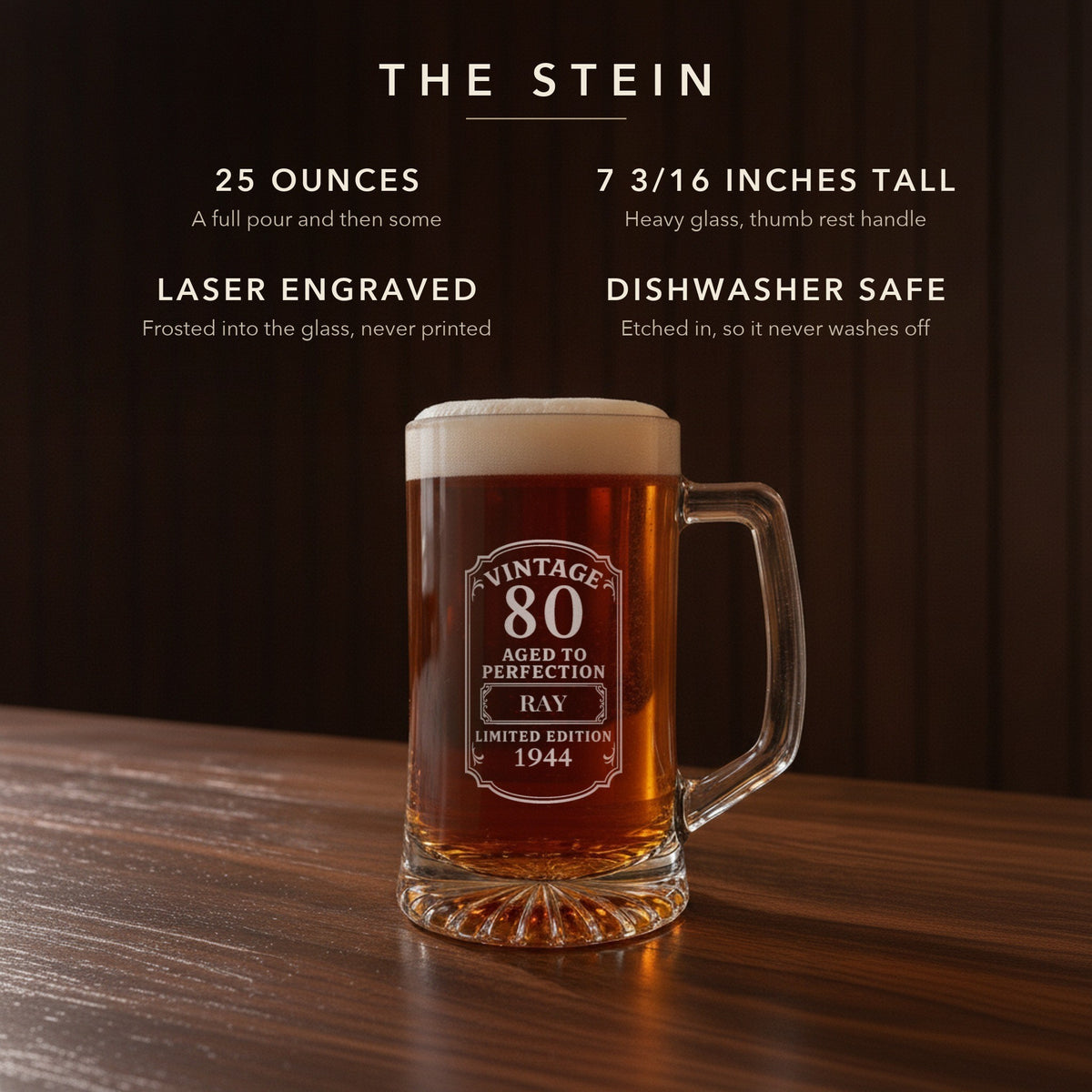 Details card for the vintage 80th birthday beer stein: 25 ounces, 7 3/16 inches tall, laser engraved and dishwasher safe, label for Ray