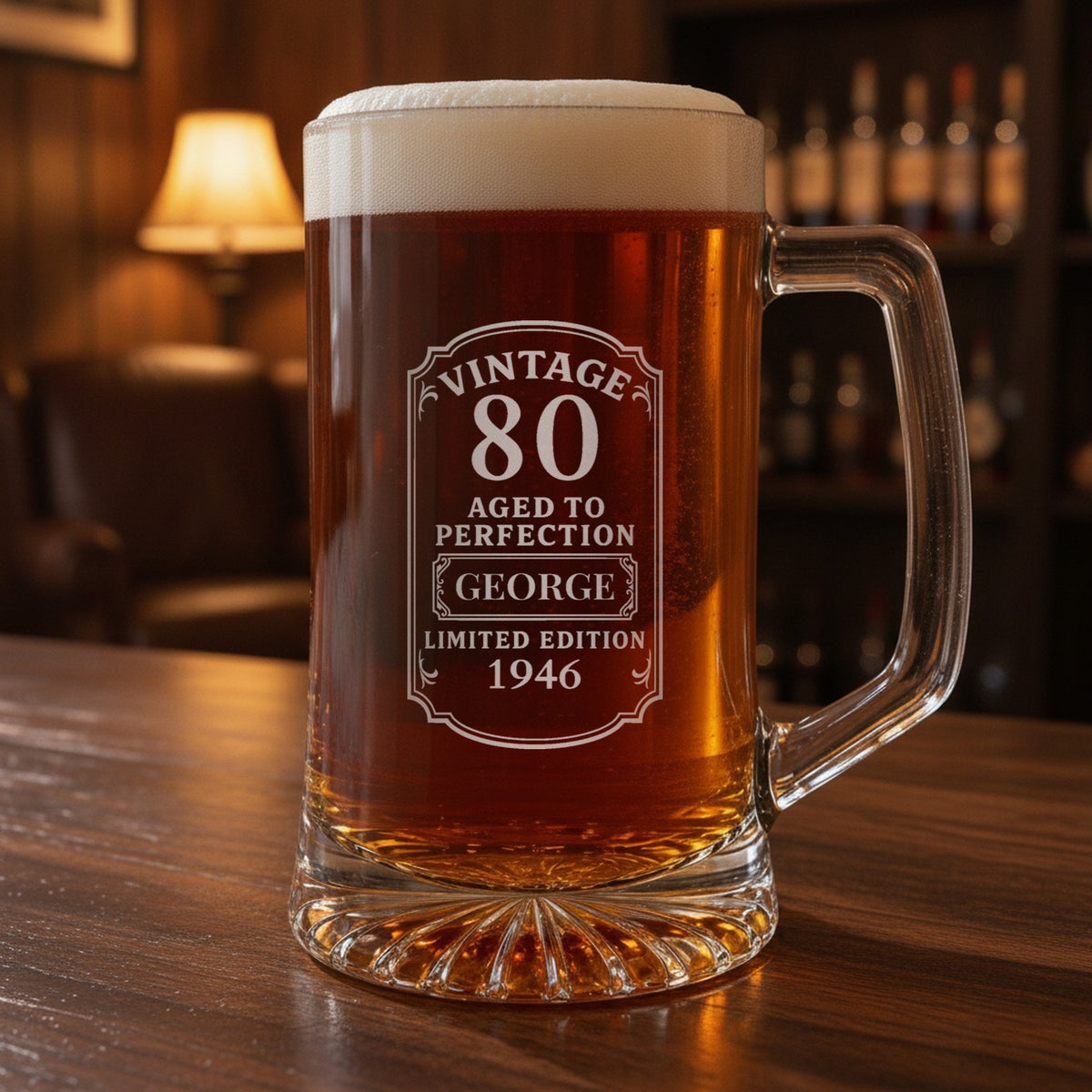Vintage 80th birthday beer stein on a walnut home bar, frosted Vintage 80 Aged to Perfection label engraved with the name George and 1946