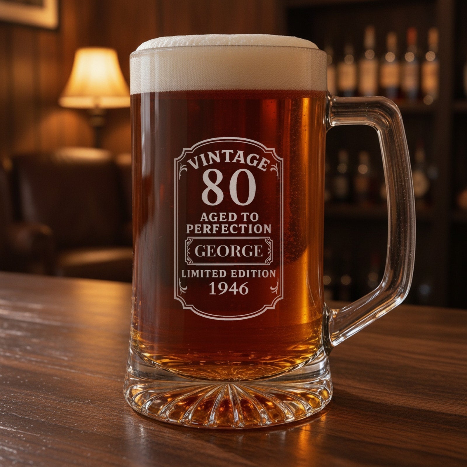 Vintage 80th birthday beer stein on a walnut home bar, frosted Vintage 80 Aged to Perfection label engraved with the name George and 1946