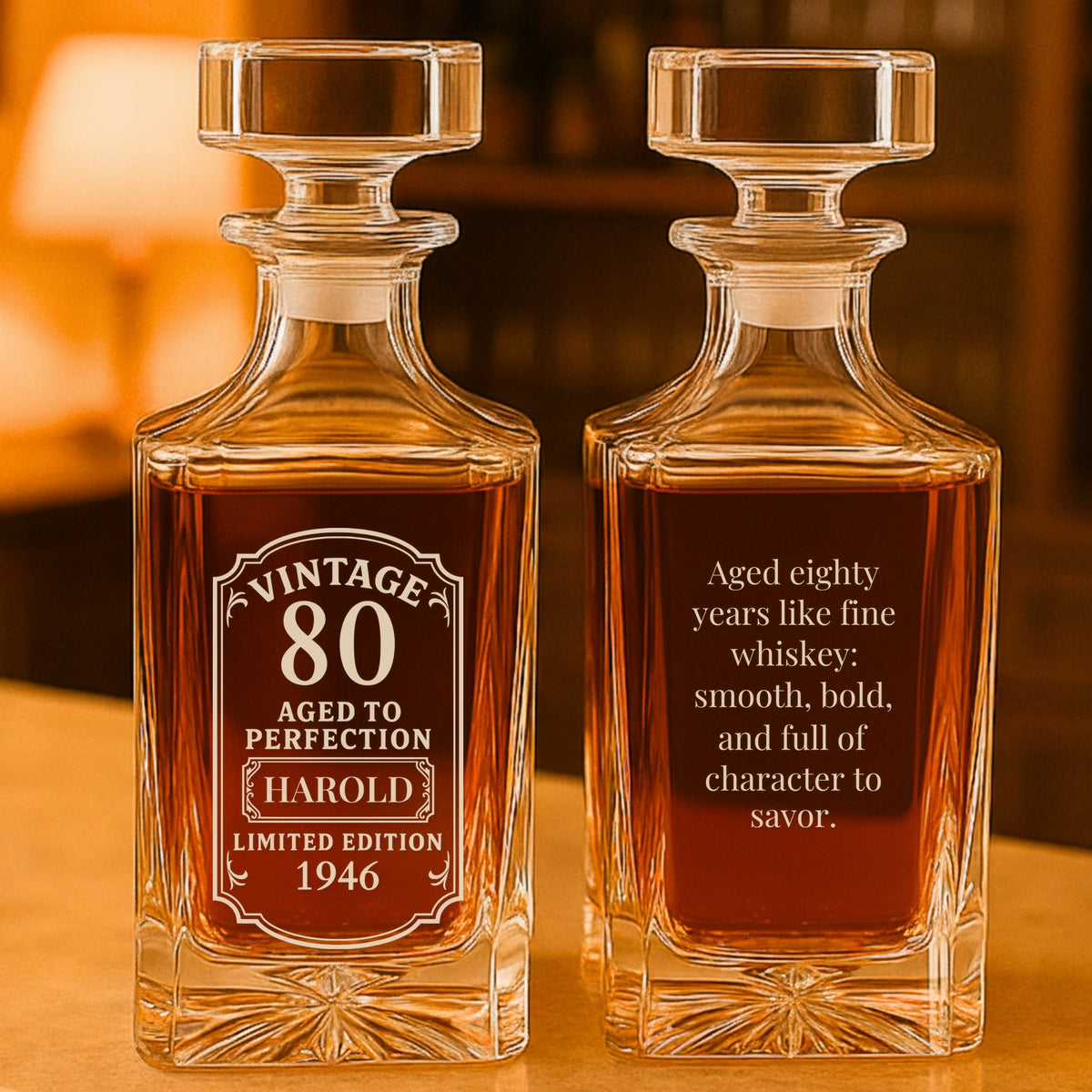 Vintage 80 engraved whiskey decanter with HAROLD and 1946 on the front and a message on the back, one of the best gift ideas for an 80th birthday man